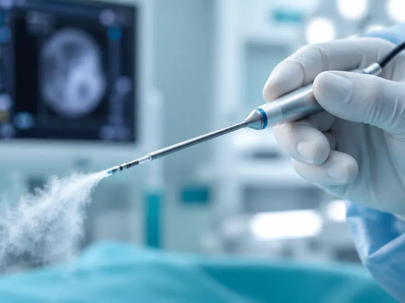 Sonda de criolablação liberando névoa fria em ambiente clínico